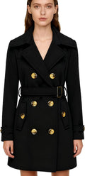 Women Swing Double Breasted Wool Pea Coat with Belt - Flattering Curve