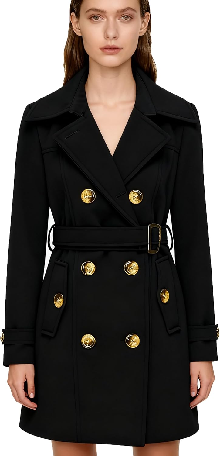 Stylish Women Swing Double Breasted Wool Pea Coat with Belt