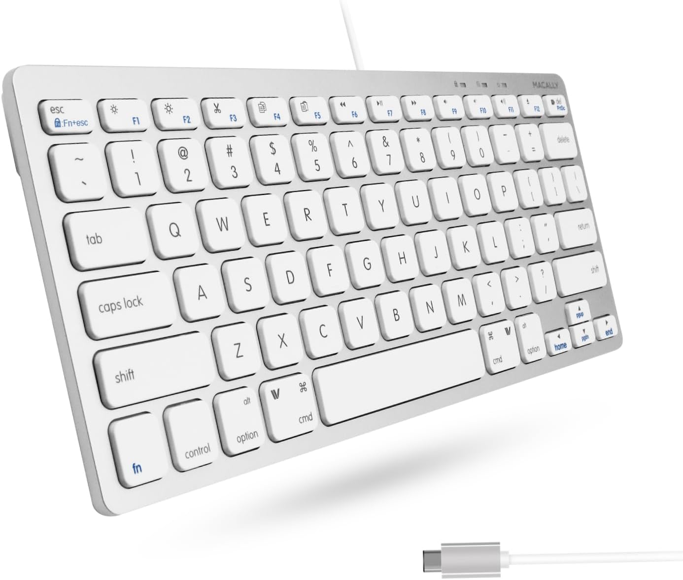 Macally Mini USB C Keyboard - Plug & Play Compatible - Silver