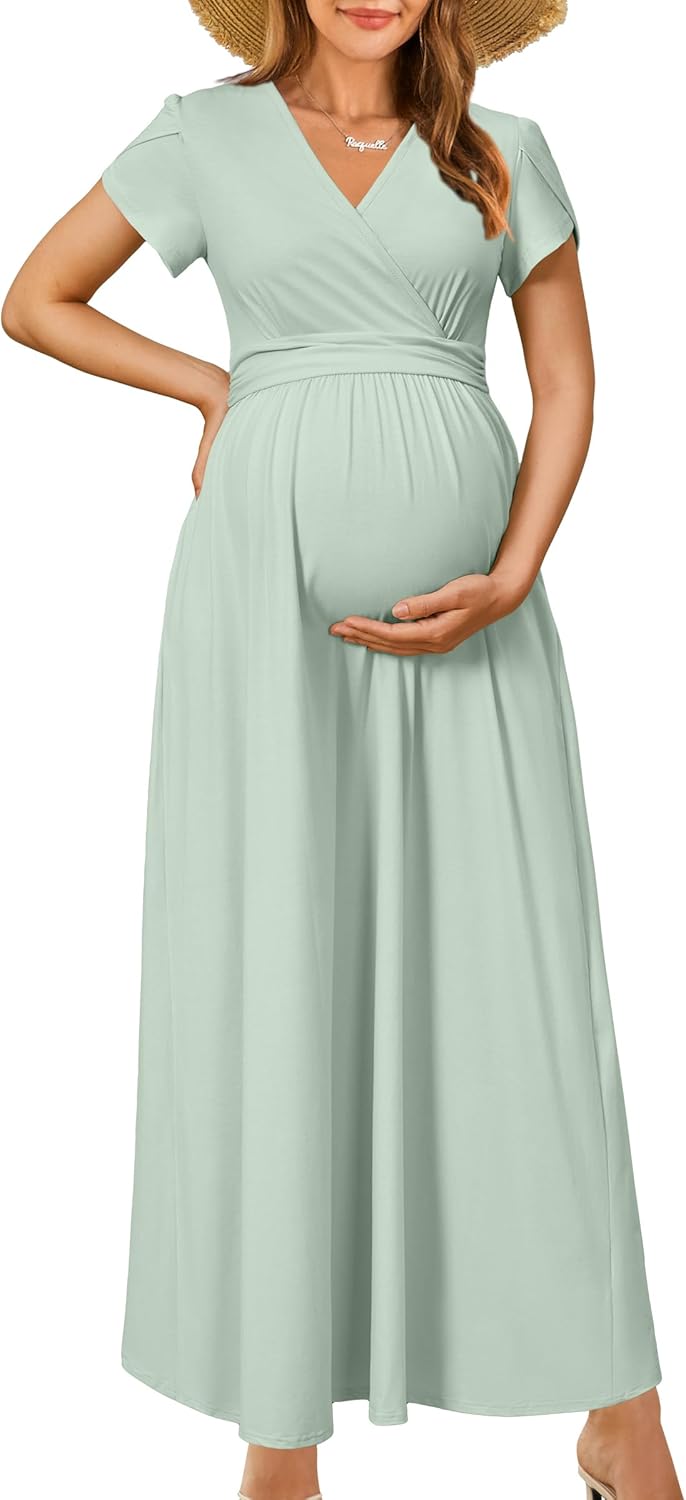 OUGES Maternity Maxi Dress Wrap V Neck for Baby Shower Events