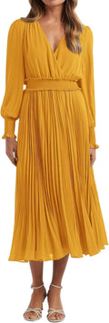 PRETTYGARDEN Womens Wrap V Neck Midi Dress - Flattering Pleated Fit