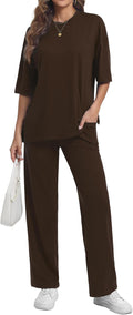 Womens 2 Piece Outfits Short Sleeve Set Wide Leg Pants - Cozy Casual