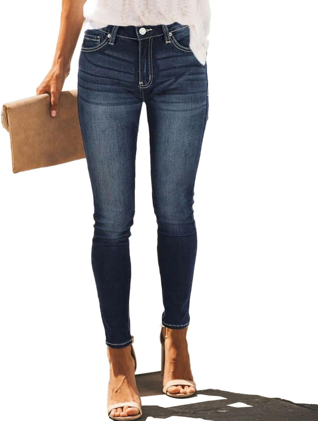 Allimy Women's High Rise Skinny Stretch Button Ripped Jeans