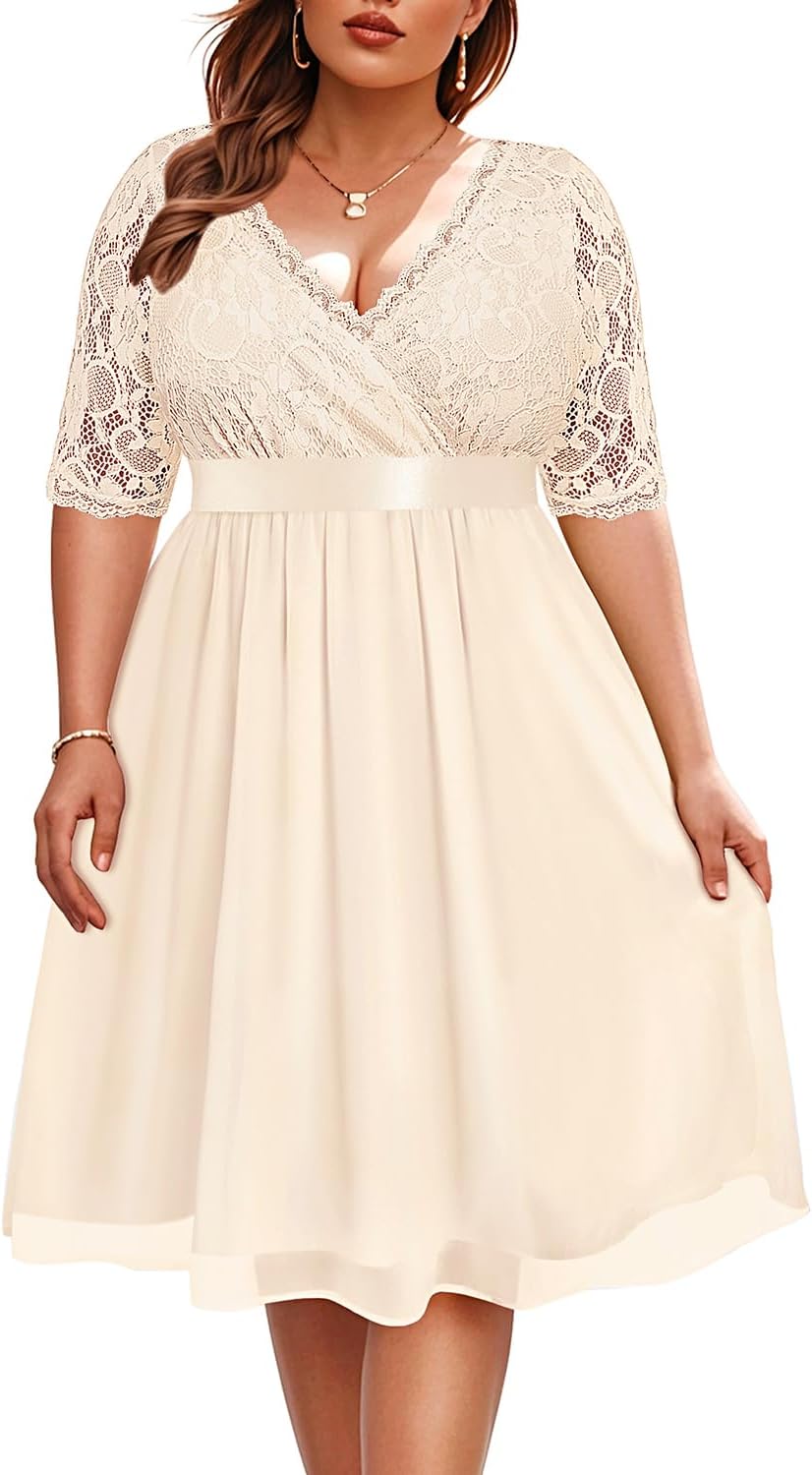 Plus Size Lace Chiffon Wrap V Neck Midi Dress for Women