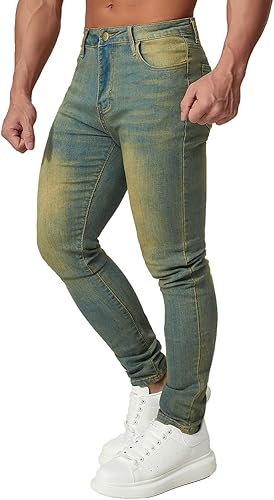 HUNGSON Men's Blue Slim Fit Jeans with Stretch and Ripped Design