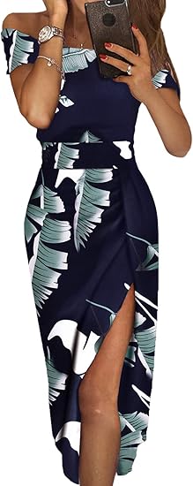 Sidefeel Womens Casual Off The Shoulder Floral Print Dress