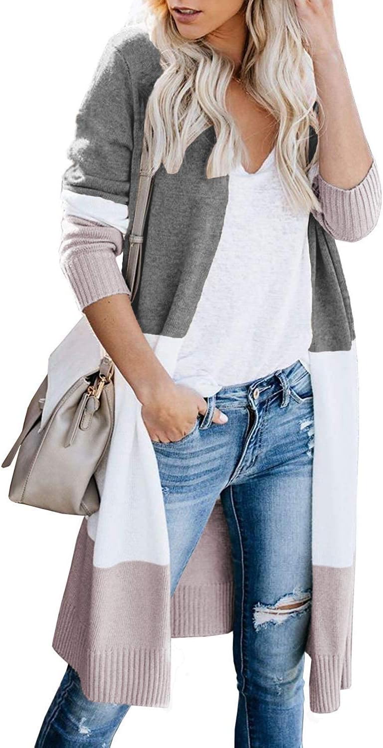 CARDYDONY Women's Long Cardigan Open Front Color Block Style