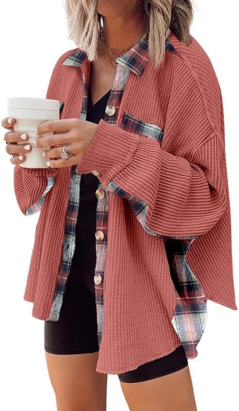 SHEWIN Womens Waffle Knit Plaid Shacket for Stylish Comfort