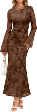 Long Sleeve Floral Bodycon Dress - Flattering Ruched Mesh Maxi