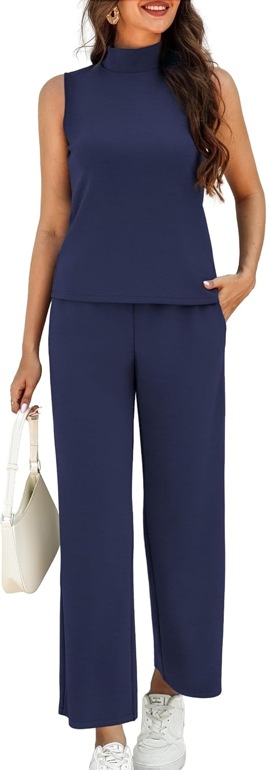Women's Summer 2 Piece Outfits Mock Neck Tank Top Lounge Set