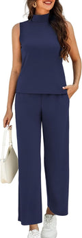 Women's Summer 2 Piece Mock Neck Tank and Wide Leg Pants Set Casly