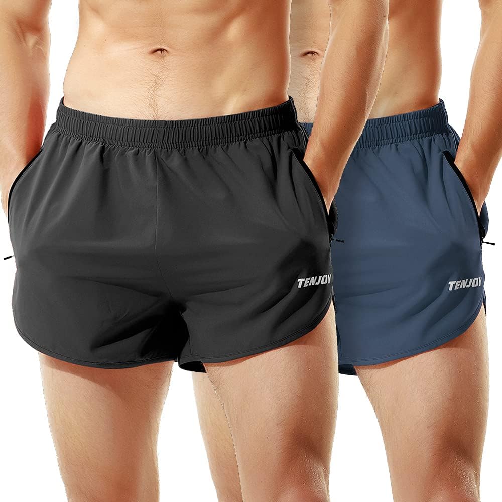 TENJOY Men's Running Shorts with Zipper Pocket for Athletes