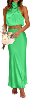 PRETTYGARDEN Women's Satin 2 Piece Summer Set - Elegant Mock Neck