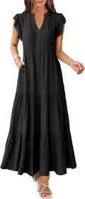 Womens Summer Casual Maxi Dress V Neck Ruffle Sleeve - Tiered Boho