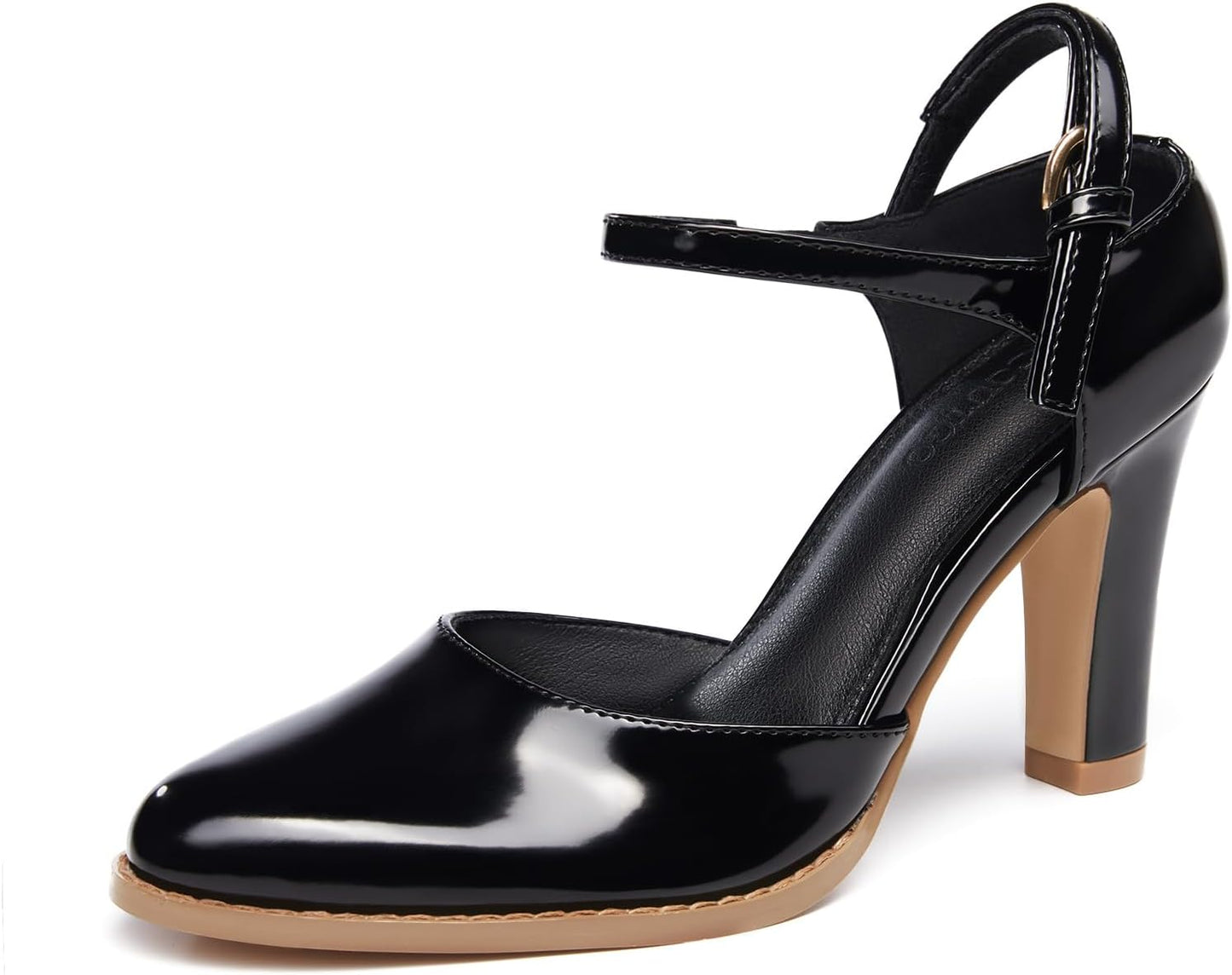 Coutgo Womens Chunky High Heels Closed Pointed Toe Ankle Strap Pumps