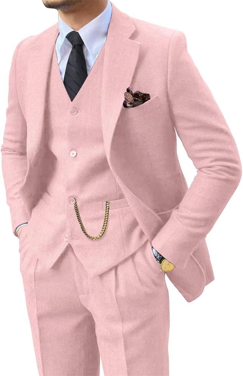 Retro 3 Piece Suit Tweed Herringbone Slim Fit Groom Tuxedos Set