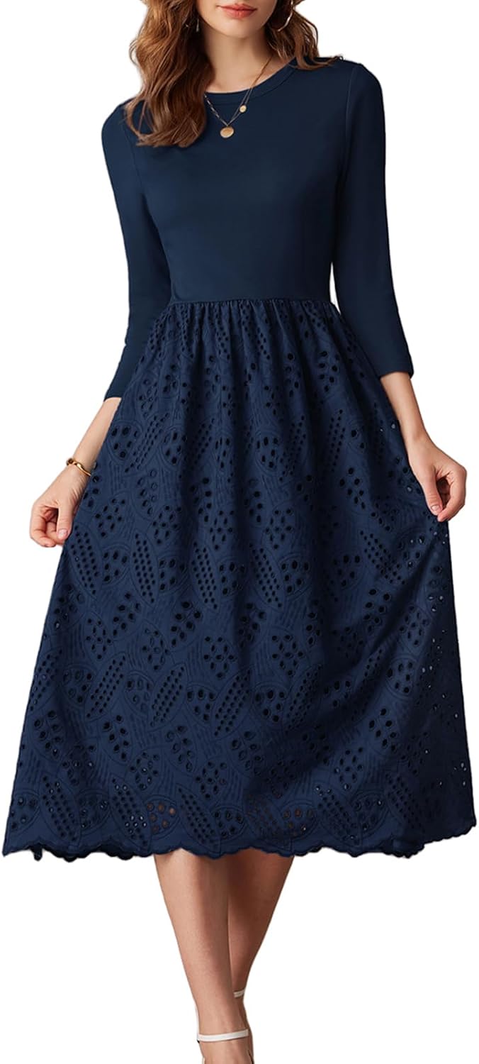 GRACE KARIN Womens Summer 3/4 Sleeve A Line Midi Dress with Pockets