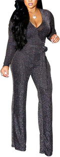 LightlyKiss Women Sexy V Neck Sparkly Jumpsuit - Flattering Nightwear