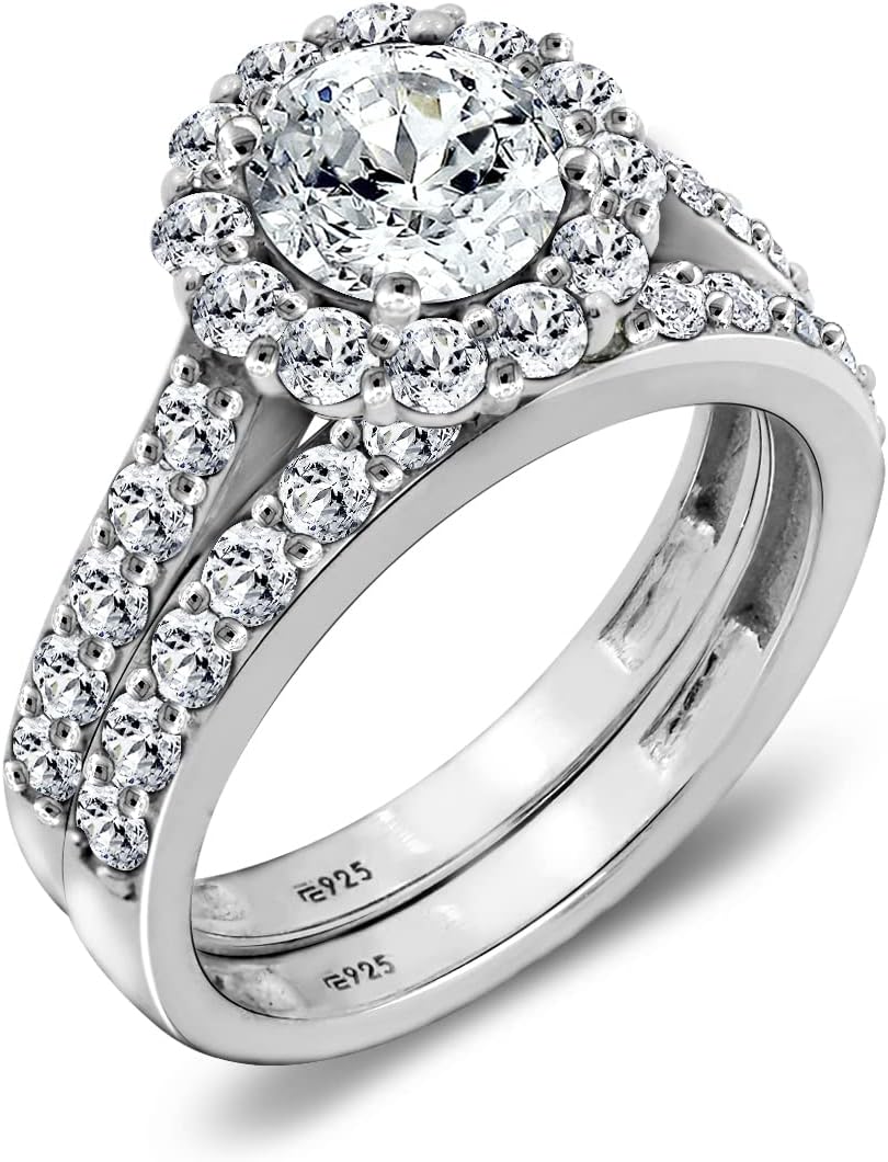 Stunning Sterling Silver Flower Halo Ring Set with Cubic Zirconia