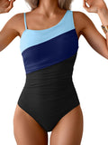 One Shoulder One Piece Swimsuit for Women - Color Block Tummy Control