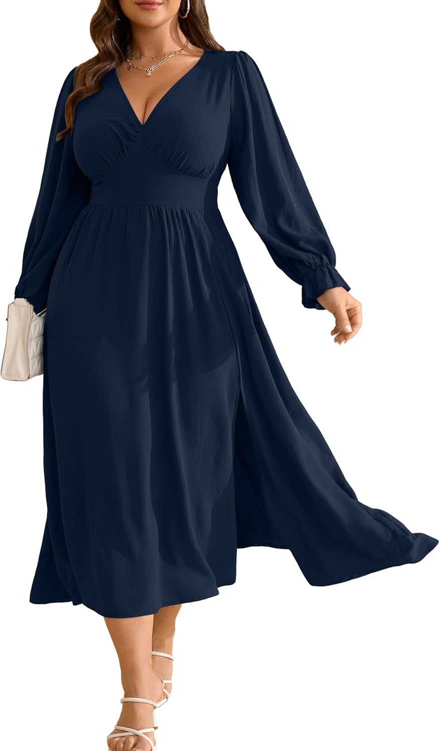 Plus Size Wedding Guest Dress with Deep V Neck and Long Sleeves