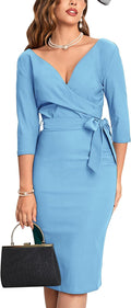 MUXXN Women's Elegant Faux Wrap V Neck Dress with 3/4 Sleeves