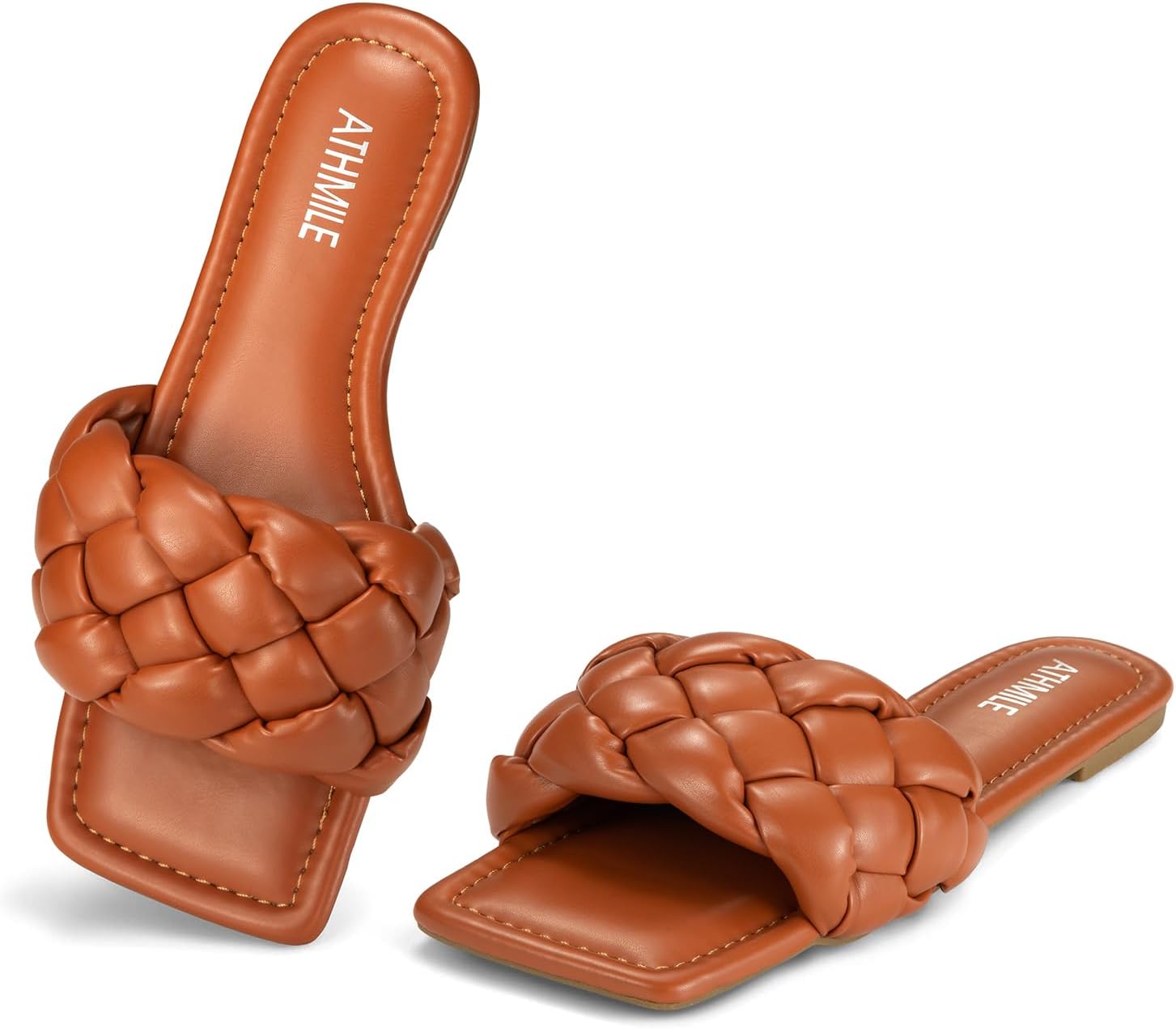 ATHMILE Braided Womens Sandals Square Open Toe Fashion Slide