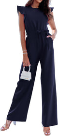 Women Jumpsuit Crew Neck Ruffle Cap Sleeve High Waist Wide Leg Romper