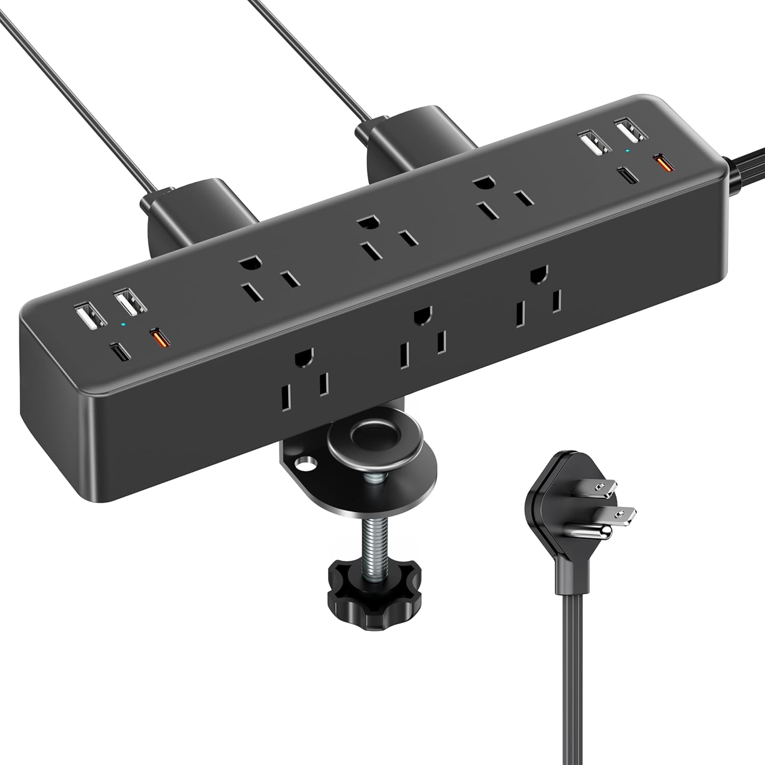 Flat Plug Desk Clamp Power Strip with 15FT Extension Cord