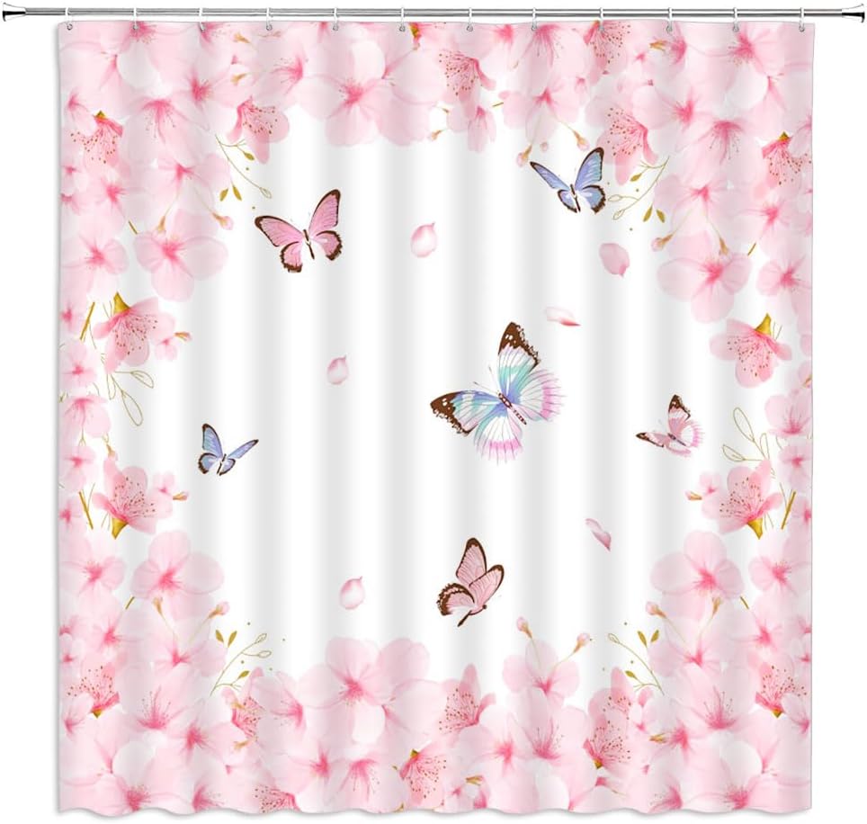 Cherry Blossoms Butterfly Shower Curtain Set - FILMILIL