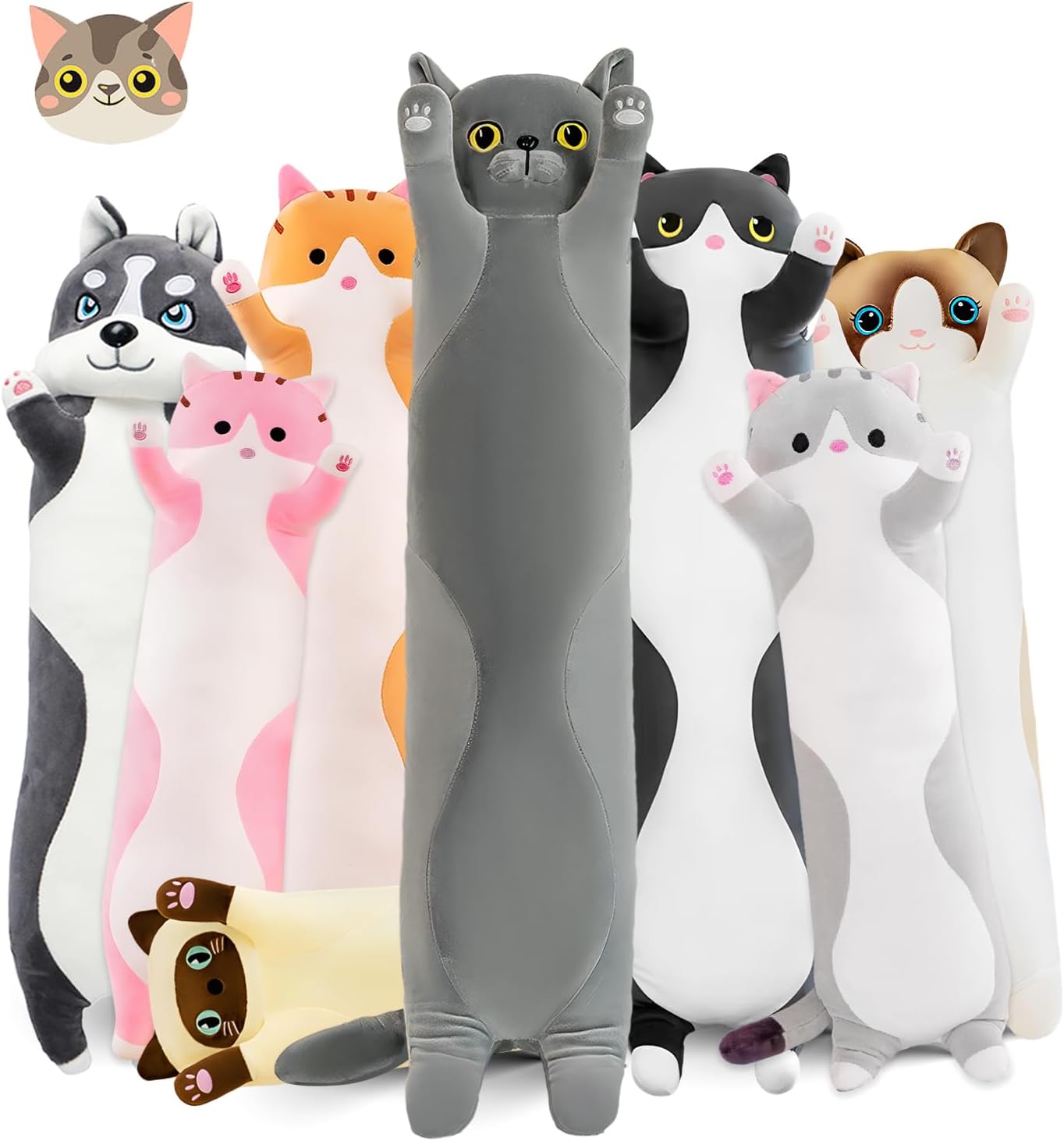 Long Cat Plush Pillow - 51.1in Cute Gray Cat Plushie Toy
