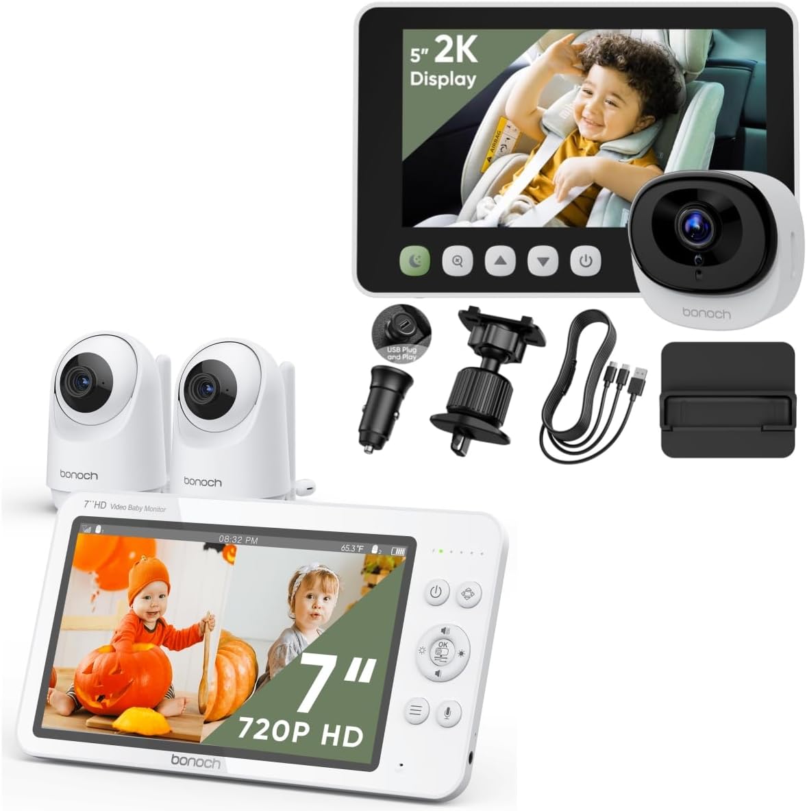 bonoch Smart Baby Monitor Bundle - 2 Cameras, No WiFi, 2 Way Audio