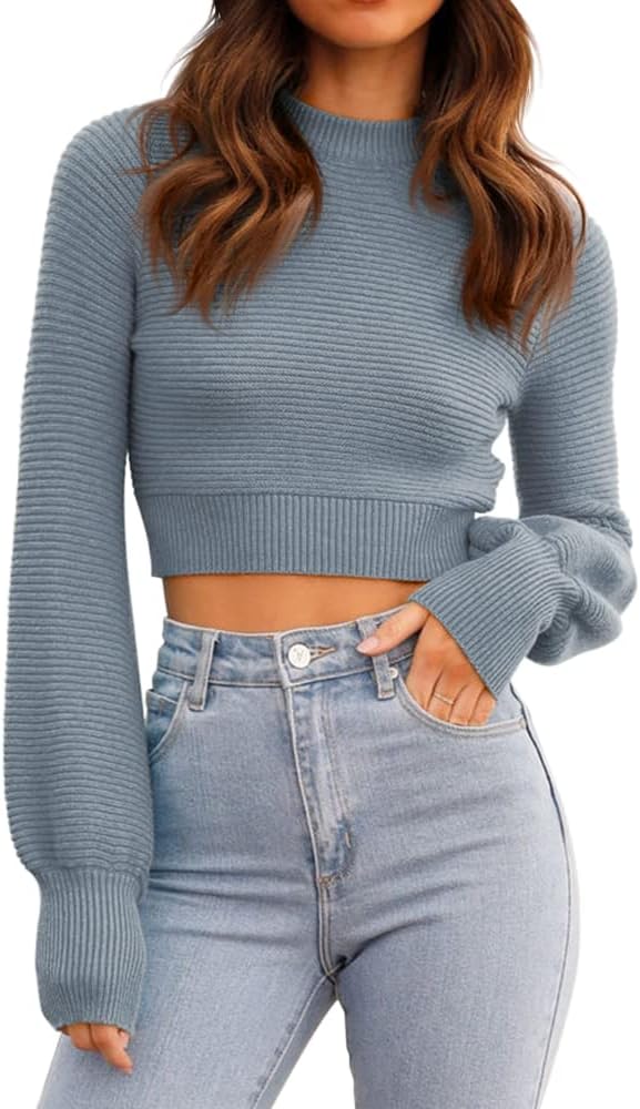 GeGekoko Womens Sexy Crew Neck Cropped Sweater for Fall Fashion