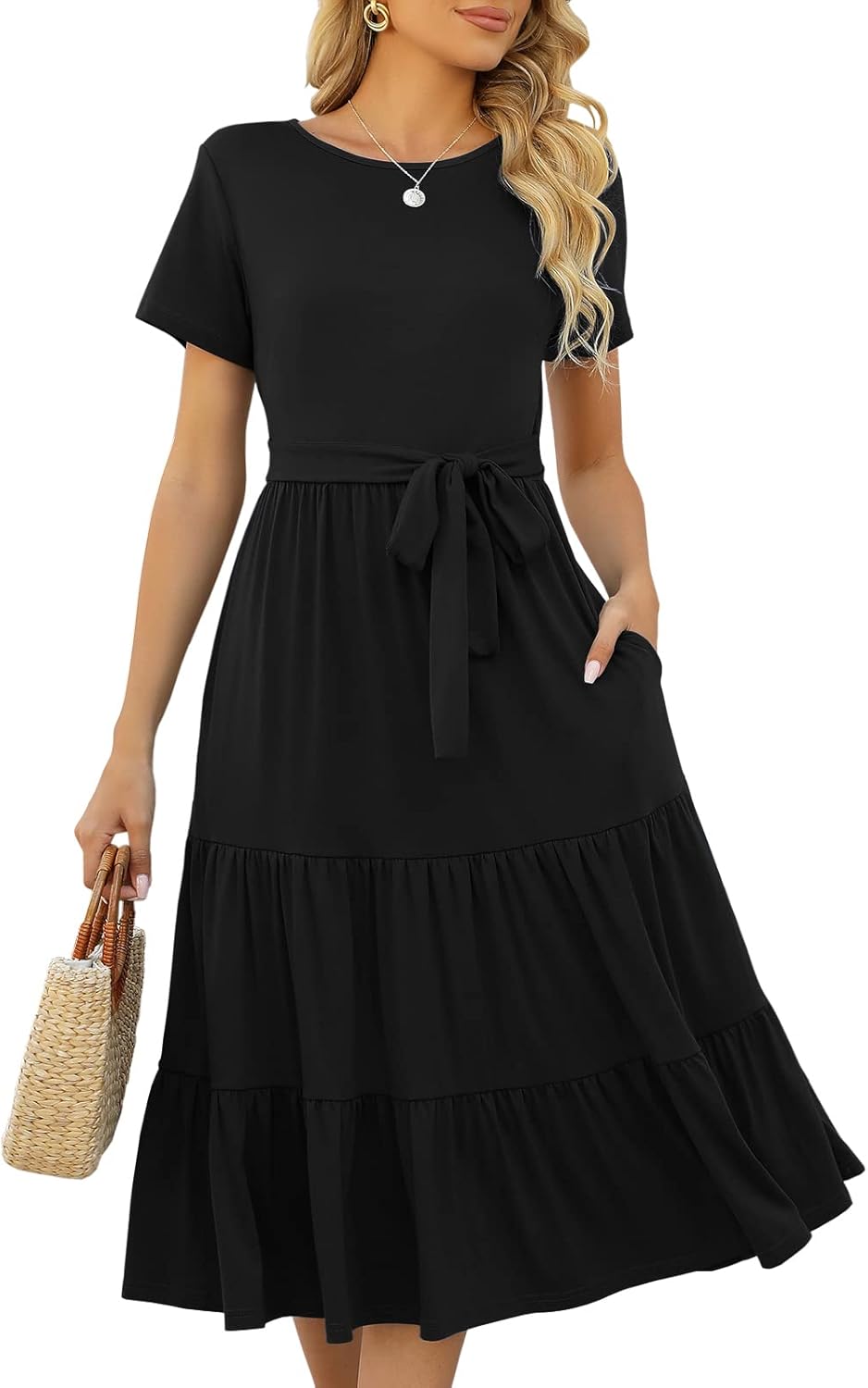 Lyrur Women's Casual Summer Tiered Midi Dress with Pockets