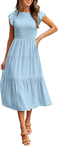 Women's Flutter Short Sleeve Smocked Midi Dress - Flowy Summer Tiered
