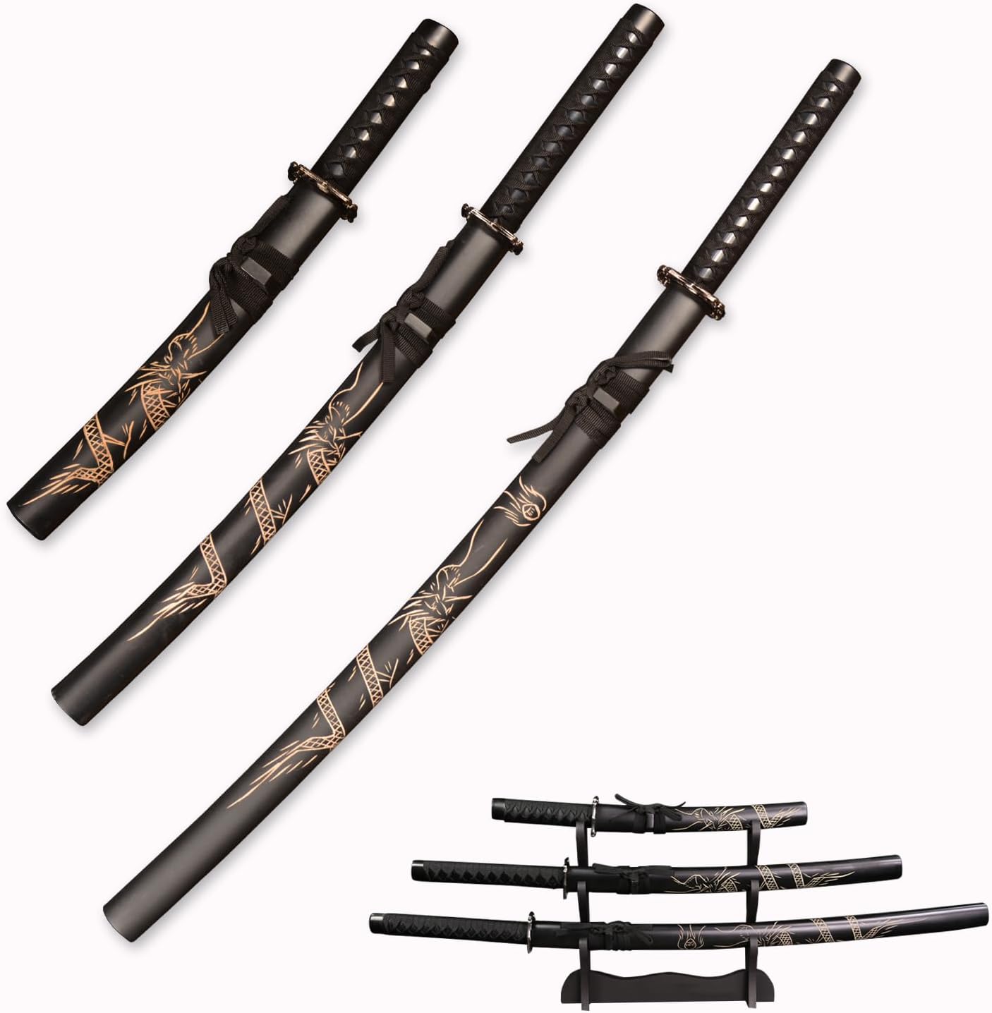 3pc Set Japanese Samurai Sword with Display Stand for Collectors