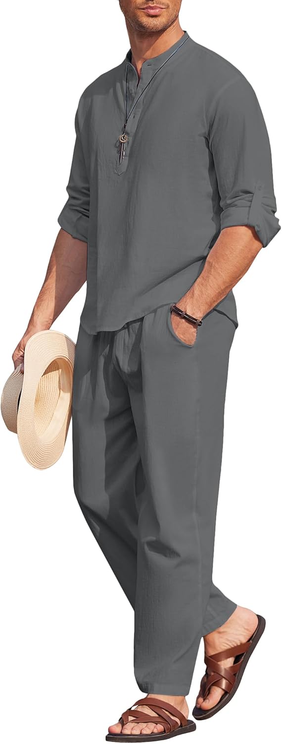 COOFANDY Men's Cotton Linen Set for Casual Summer Outfits