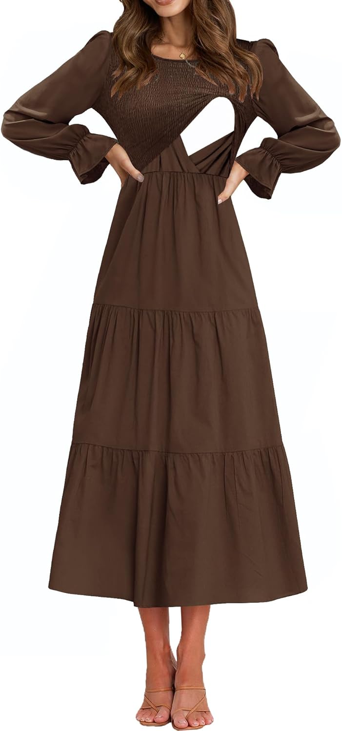 Women's Nursing Dress with Flounces Long Sleeve and Pockets