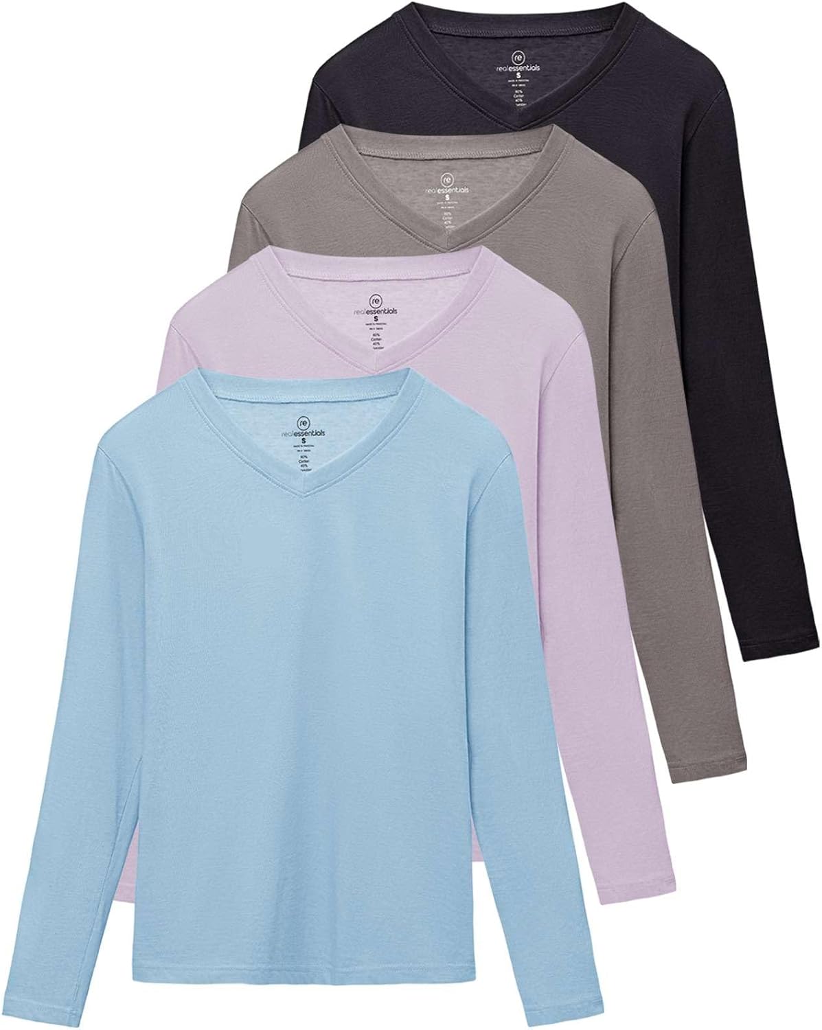 Real Essentials Women's V-Neck Long Sleeve T-Shirts for Comfort