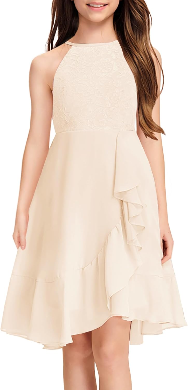 Girls Lace Flower Ruffle Dress for Junior Bridesmaids and Parties