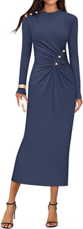 Womens Mock Neck Ruched Bodycon Midi Dress - Fall Formal Wear