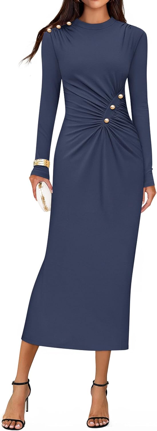 ZESICA Womens Elegant Long Sleeve Mock Neck Midi Dress