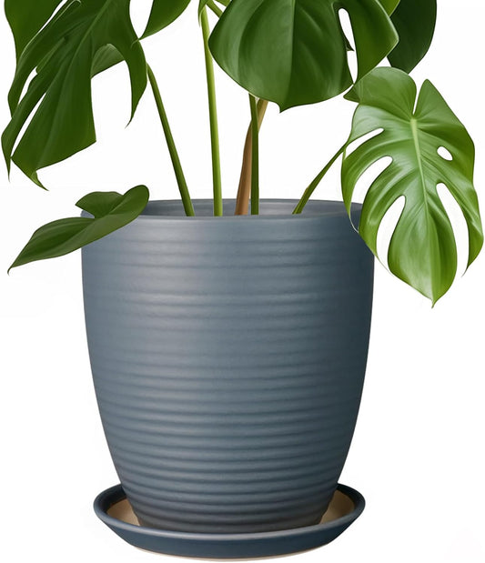 8 Inch Ceramic Plant Pot with Drainage Hole and Saucer Gray