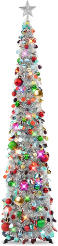 N&T NIETING 6Ft Pop Up Silver Tinsel Christmas Tree with Lights