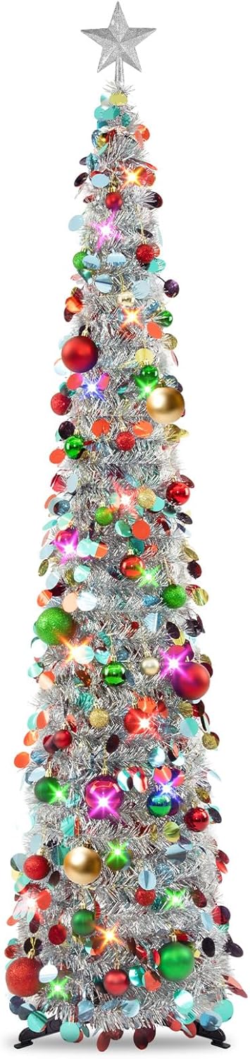 N&T NIETING 6Ft Pop Up Silver Tinsel Christmas Tree with Lights