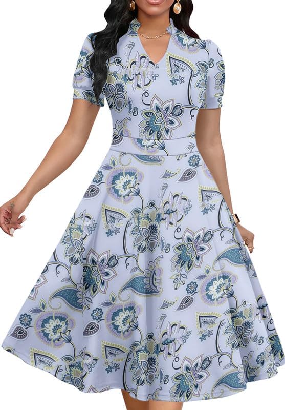 Womens Short Puff Sleeve V Neck Casual Cocktail Party Dress