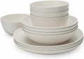 Bamboo White Kitchen Plates and Bowls Set - Durable 12-Piece