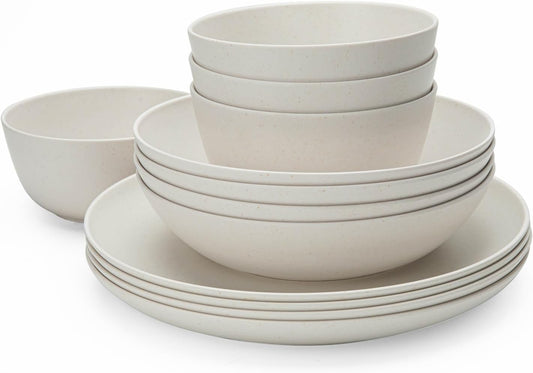 LEHAHA Bamboo White Kitchen Plates and Bowls Set for Outdoor Dining
