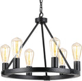 9MMML Black Wagon Wheel Chandelier, 6-Light Industrial Pendant