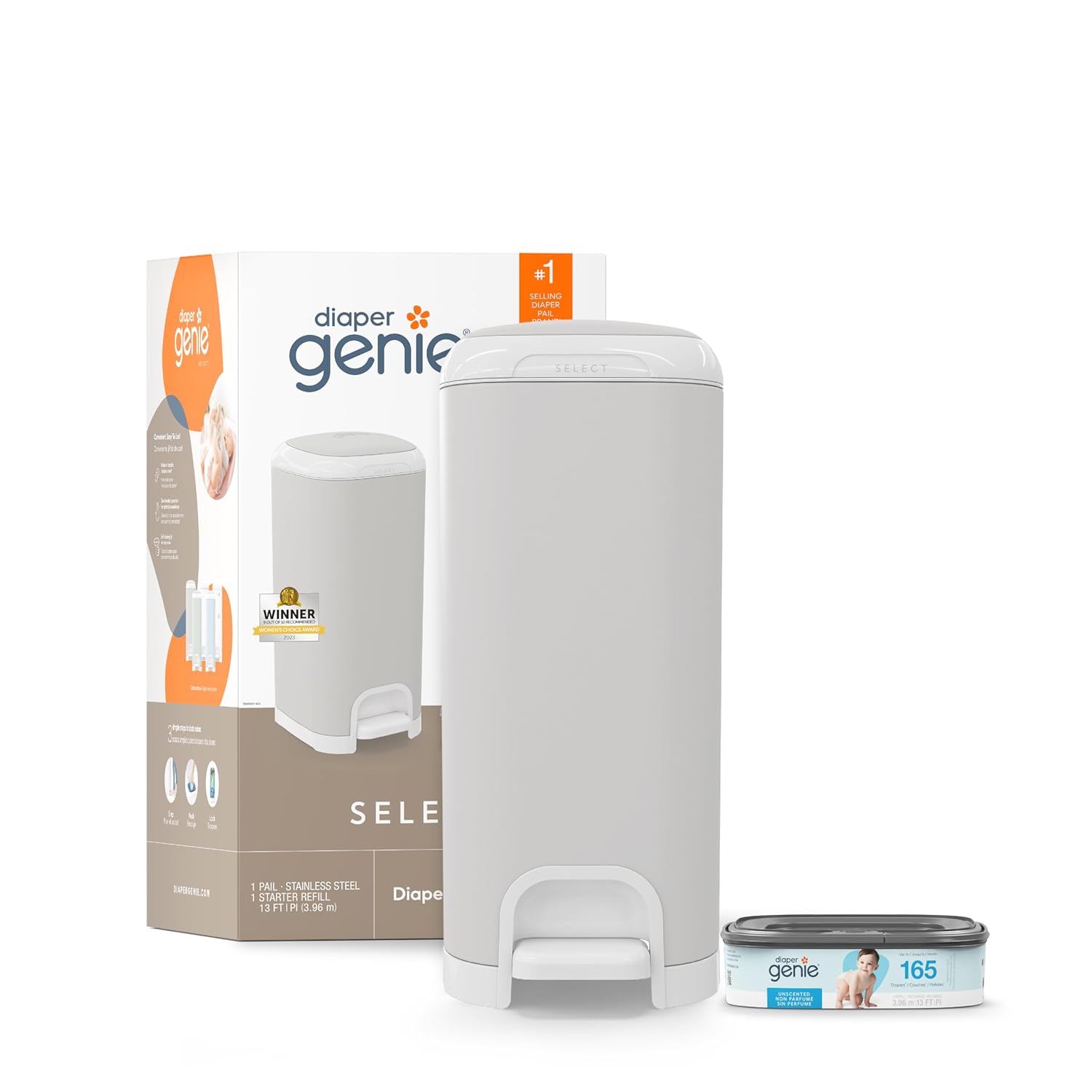 Diaper Genie Select Pail in Grey: Durable Stainless Steel Design